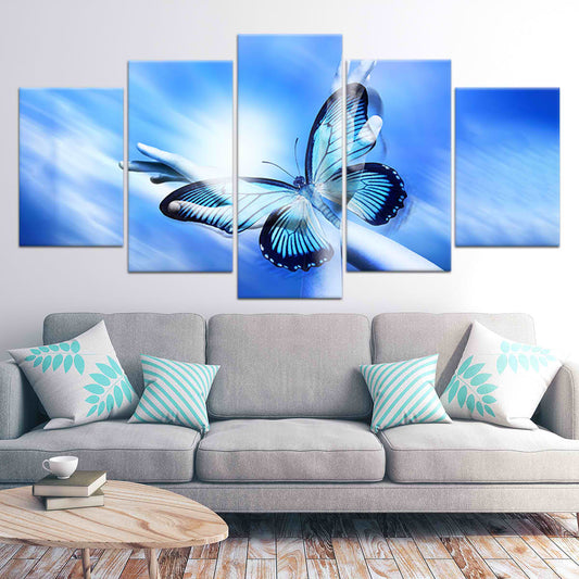 Blue butterfly — large canvas wall art for living room, uplifting spiritual design with sky tones symbolizing transformation and peace.