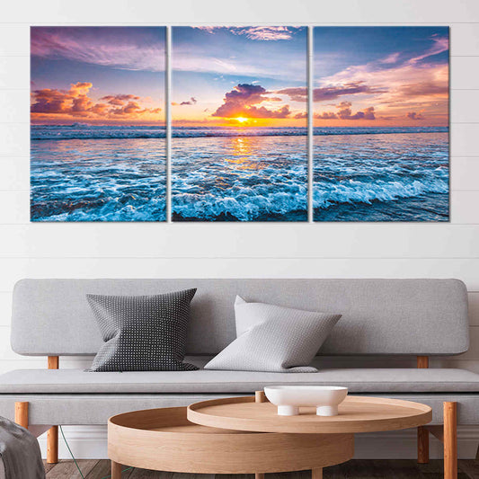 Colorful beach sunset large canvas wall art—warm tropical hues and ocean shimmer, perfect for relaxing bedroom or office decor
