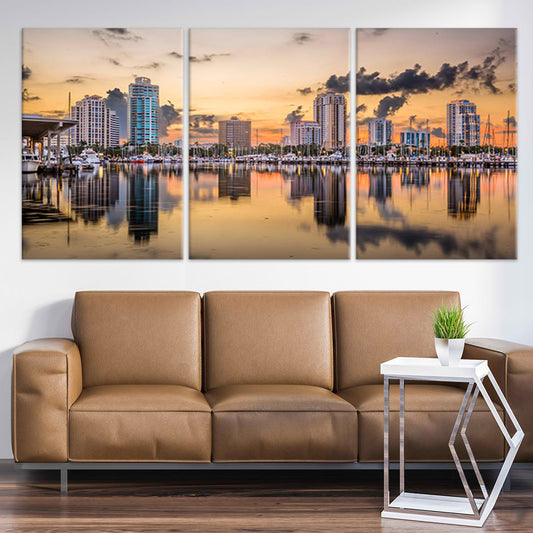 St Petersburg skyline at sunset canvas wall art for living room — coastal reflections bring warm modern charm to any decor.