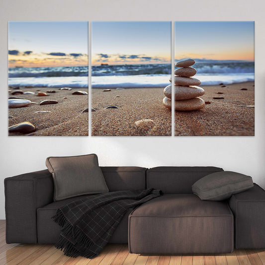 Zen stone stack at sunset — large canvas wall art with tranquil seascape tones, perfect for meditation room or minimalist interiors