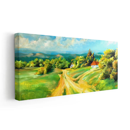 Vibrant summer countryside scene canvas wall art for living room, bringing a peaceful uplifting vibe with warm tones ideal for home décor.