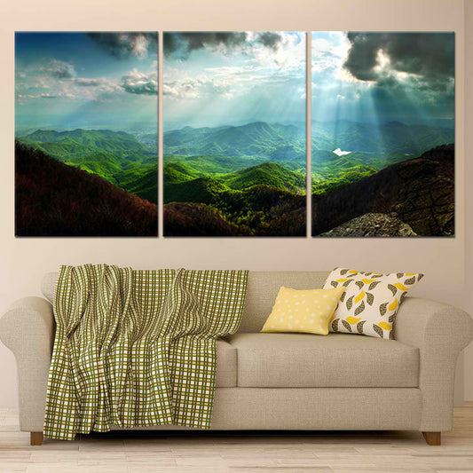 Foggy mountain landscape with deep green tones — large canvas wall art ideal for bedroom decor, creating a serene and tranquil atmosphere.