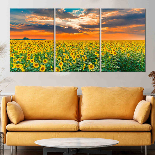 Sunflower field at sunset canvas wall art for a peaceful living room, adding uplifting golden tones and bright floral décor