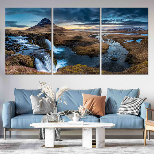 Icelandic mountain and falls flowing through rugged terrain — large canvas wall art ideal for bedroom decor with a calming natural atmosphere.