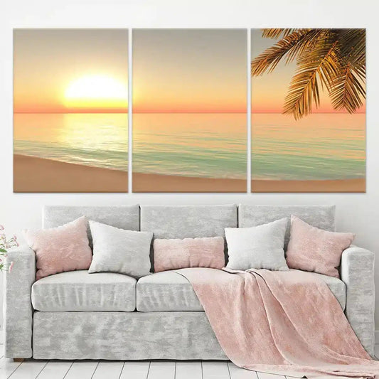 Morning sun beach horizon large canvas wall art—soothing pastel ocean waves for relaxing living room or modern coastal decor