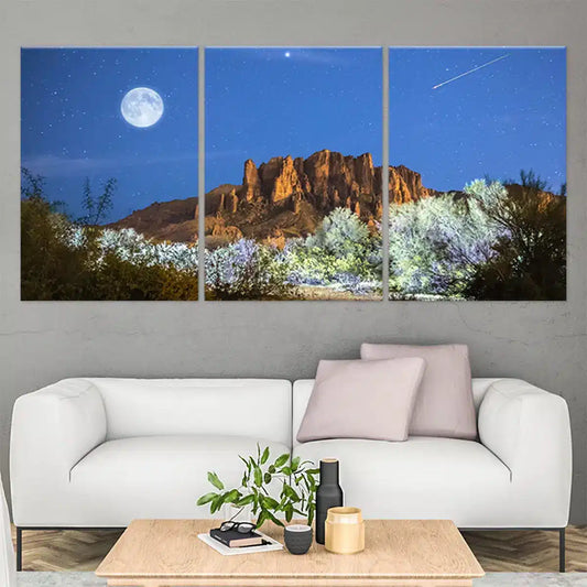 Southwest desert cliffs under a bright moon — modern canvas wall art with deep blue palette ideal for serene bedroom décor and restful interiors