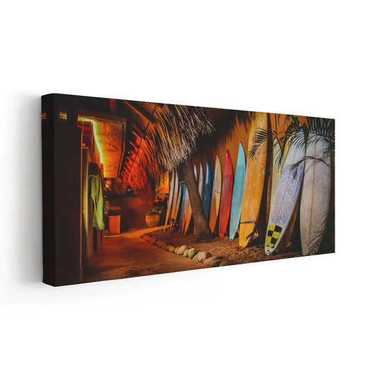 Modern coastal boards — large canvas art in warm sunset tones, ideal for energizing dining rooms with vibrant seaside personality