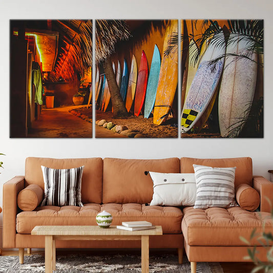 Surfboards canvas wall art for living room spaces, adding uplifting coastal décor perfect for fans of beach style and tropical color palettes