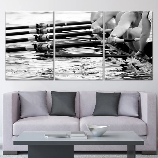 Rowing team canvas wall art for living room spaces, adding inspiring black and white sports décor ideal for athletes and regatta enthusiasts