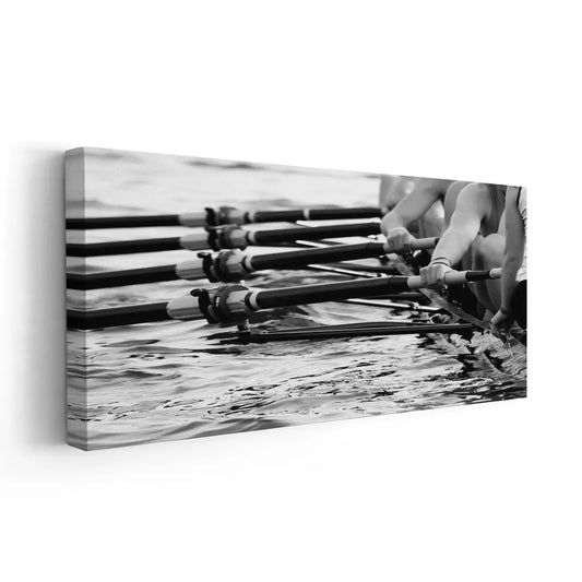 Modern rowing crew — large canvas wall art in bold monochrome tones, perfect for energizing gym areas with strong competitive motivation