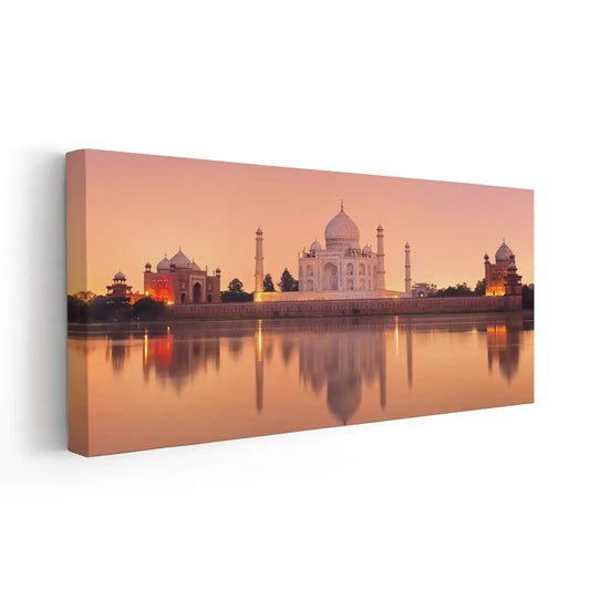 Mughal mausoleum in warm dawn palette — modern canvas wall art ideal for bedroom decor with serene timeless appeal.