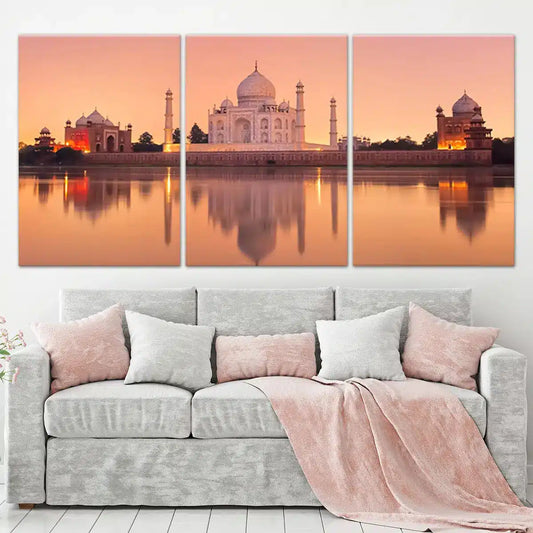Taj Mahal at sunrise — large canvas wall art for living room, soft peach tones create a peaceful romantic home atmosphere.
