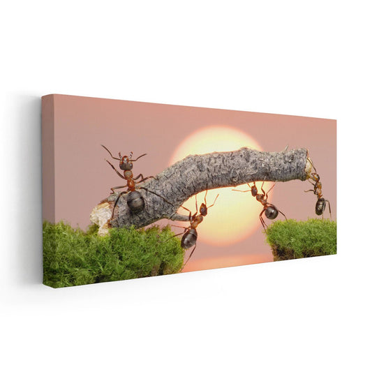 Ants carrying branch — modern canvas wall art, orange sunset palette symbolizing determination and harmony in contemporary office décor.
