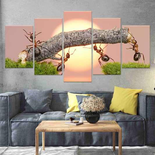 Ant teamwork — large canvas wall art for living room, inspiring unity and strength with warm sunset tones and modern natural décor style.