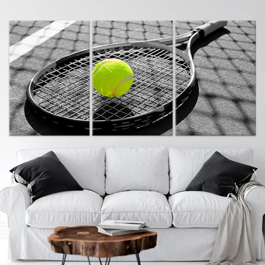 Tennis racket with bright neon ball canvas wall art for a lively living room wall art display, adding an inspiring athletic touch.