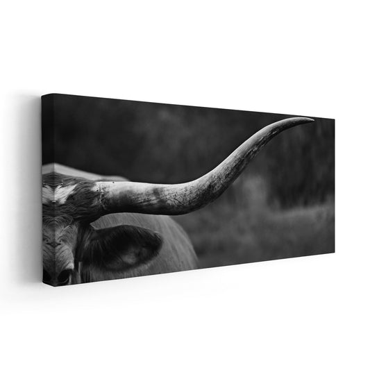 Longhorn bull horns — large canvas wall art in monochrome palette, ideal for farmhouse or industrial-style interiors.