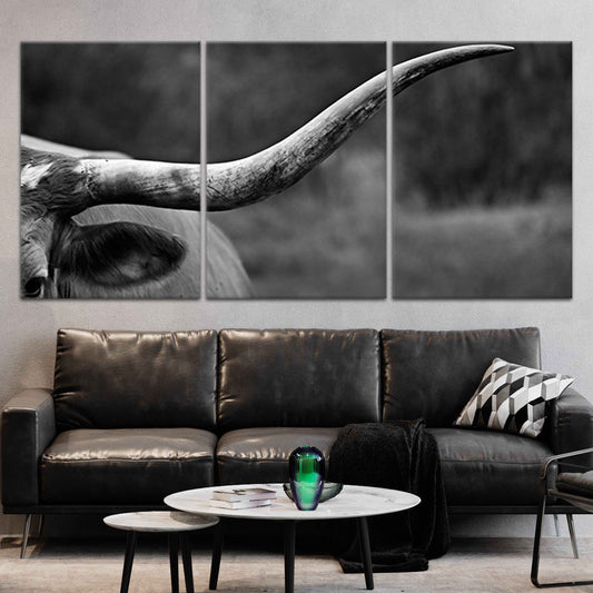 Black and white longhorn — modern canvas wall art for living room, blending rustic western style with minimalist elegance.