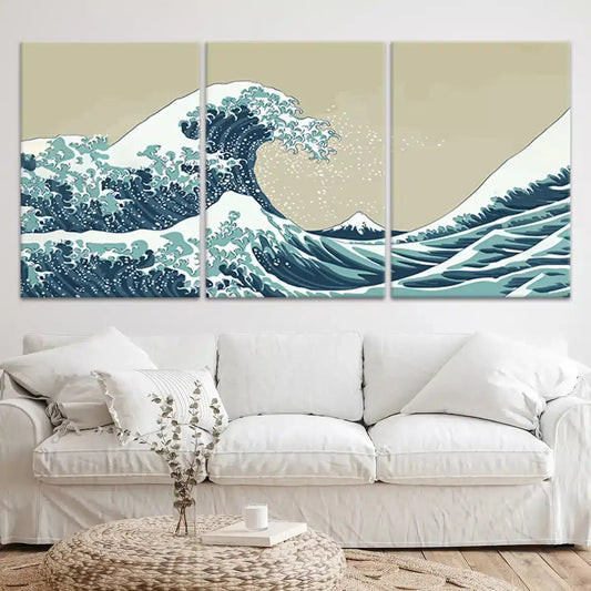 Hokusai inspired wave — large canvas wall art with dramatic ocean movement, perfect coastal home accent for peaceful bedroom ambiance