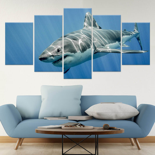 Great white shark — large canvas wall art for living room, ocean blue tones bringing bold and coastal energy to modern marine décor.