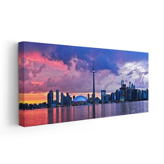 Toronto waterfront skyline — modern canvas wall art featuring dusk reflections, inspiring accent piece ideal for contemporary homes.