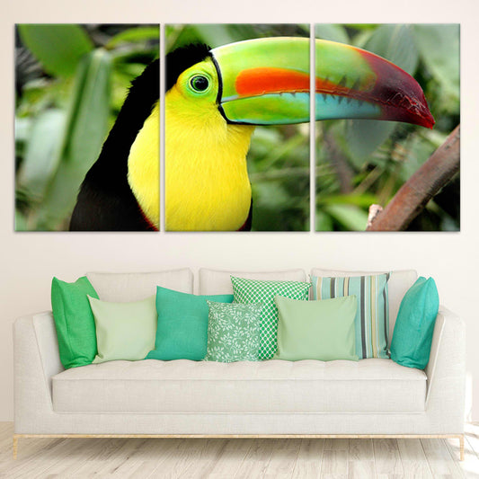 Colorful toucan perched in lush greenery — canvas wall art for living room décor, bringing a vibrant and uplifting tropical energy to modern homes.