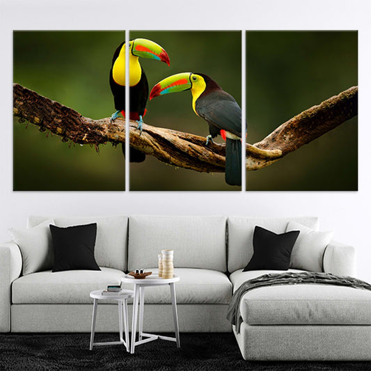 Toucans on branch — large canvas wall art for living room, vivid tropical greens adding a peaceful jungle-inspired touch to modern décor.