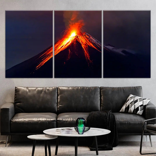 Lava eruption scene large canvas wall art in bold red and orange tones, adding powerful energy and depth to contemporary living spaces.