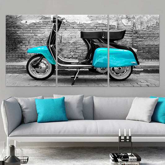 Modern retro scooter artwork — large canvas wall art, turquoise accent on monochrome background, inspiring statement for office decor