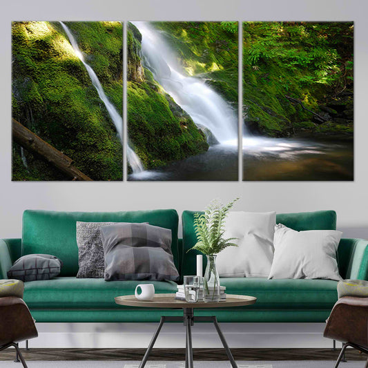 Lush Hawaiian waterfall cascade — large canvas art with deep green palette, ideal for peaceful bedroom décor and soothing ambience