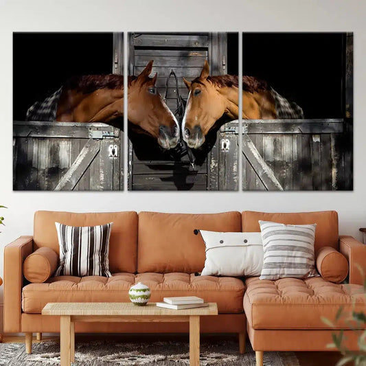 Horse couple in love — rustic canvas wall art for living room, warm country tones creating a cozy farmhouse-inspired atmosphere.