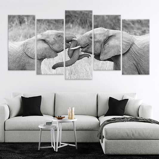 Loving elephants — modern canvas wall art for bedroom, minimalist grayscale tones evoking warmth and connection in peaceful décor.