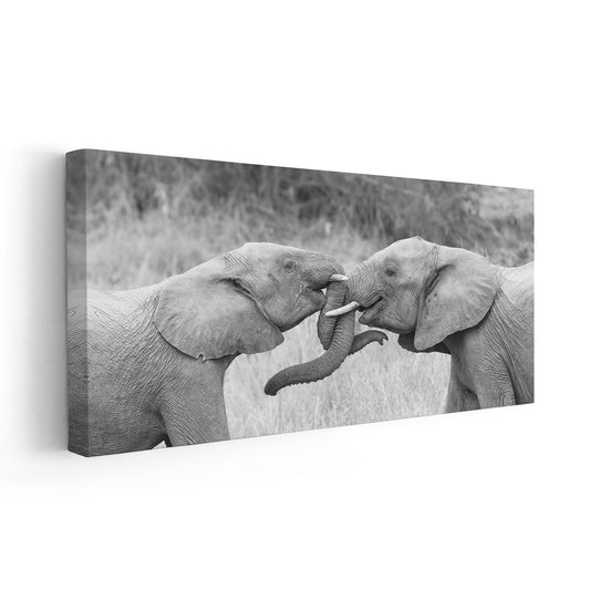 Elephant couple — large canvas wall art, inspiring love and unity theme ideal for rustic or contemporary living room interiors.