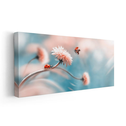 Modern ladybug artwork — canvas wall art, uplifting floral scene with soft hues perfect for bright living room or minimalist interior décor.