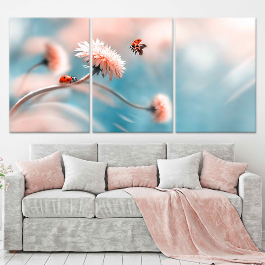 Ladybugs on flowers — large canvas wall art for bedroom, pastel blue and pink tones creating a peaceful and joyful nature-inspired décor.