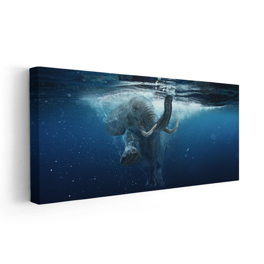 Elephant swimming — modern canvas wall art, deep-sea palette creating a calming and majestic atmosphere in contemporary interiors.