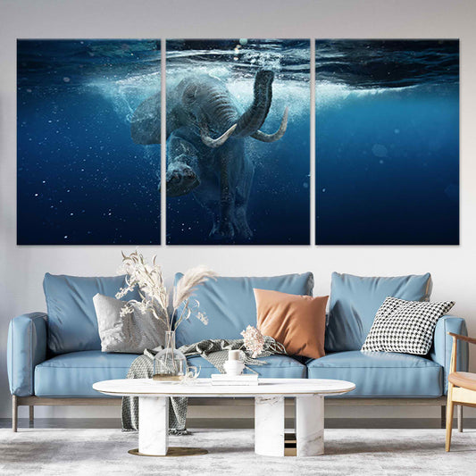 Underwater elephant — large canvas wall art for living room, inspiring ocean blue tones symbolizing strength and serenity in décor.