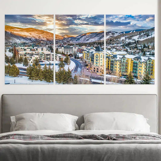 Colorado mountain town at sunset — large canvas wall art with winter glow, ideal for cozy cabin or contemporary interiors.