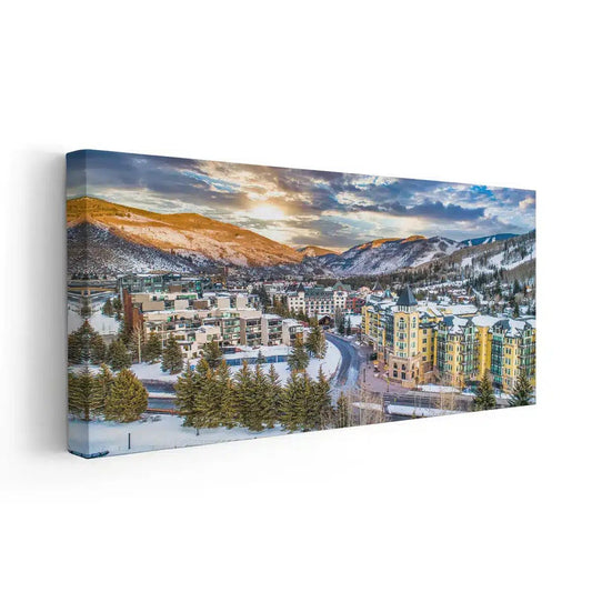 Vail Colorado skyline — modern canvas wall art featuring mountain city lights, perfect for living room or rustic home decor.