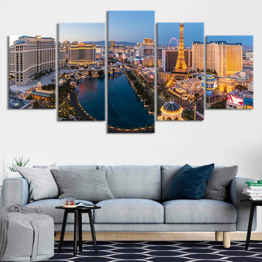 Panoramic Vegas skyline cityscape — modern canvas wall art in golden tones for bedroom or office, uplifting ambiance
