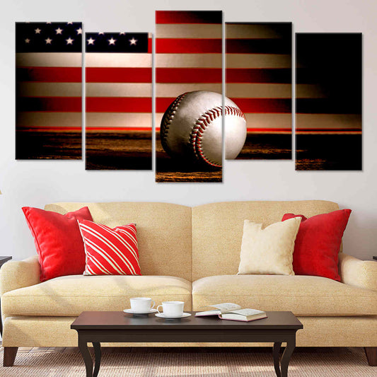 Patriotic baseball display — large canvas wall art in warm glowing tones, enhancing bedroom décor with uplifting Americana sports charm