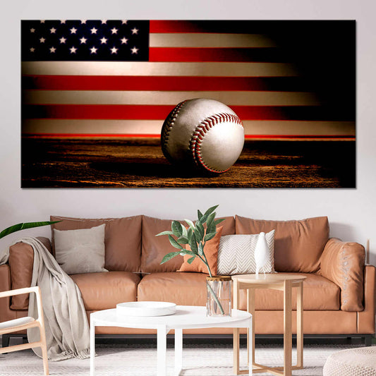 American flag baseball scene canvas wall art for living room décor, adding inspiring patriotic energy to bold modern sports spaces