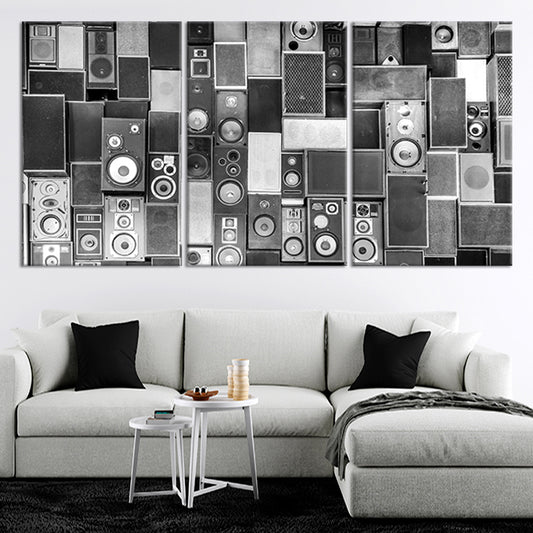 Vintage speaker collage canvas wall art for living room adds inspiring retro charm and bold monochrome décor ideal for modern housewarming gifts