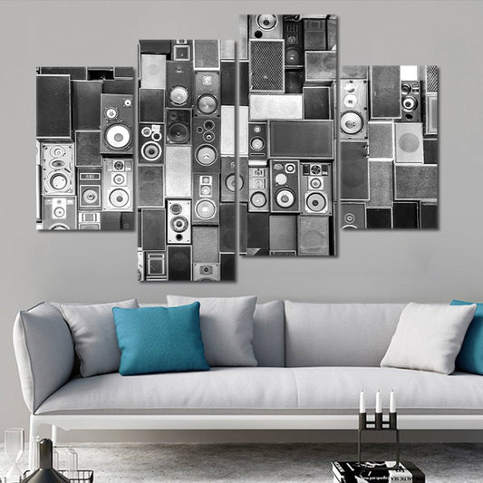 Retro sound system panel in abstract grayscale tones — large canvas wall art for bedroom enhances calming stylish décor for music lovers
