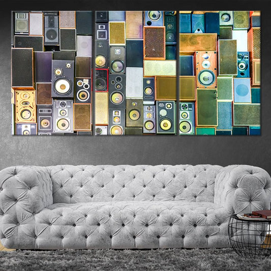 Colorful vintage speaker collage canvas wall art for living room adds inspiring retro character and bold artistic charm ideal for housewarming décor