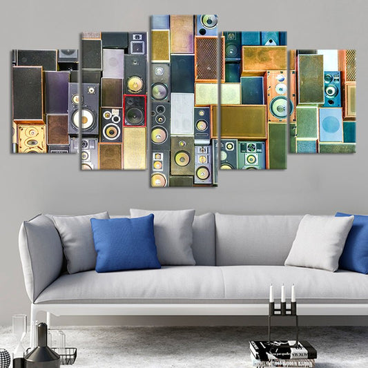 Retro speaker panels in multicolor abstract palette — large canvas wall art for bedroom enhances uplifting creative décor for music lovers