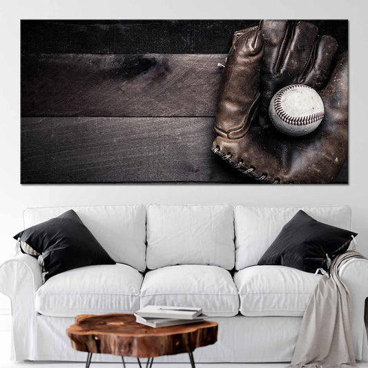 Rustic baseball glove and ball — large canvas wall art in warm tones, perfect for bedroom décor with nostalgic athletic character