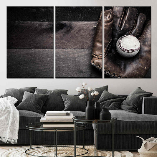 Vintage baseball gear canvas wall art for living room décor, adding a rustic and inspiring sports aesthetic to modern home spaces