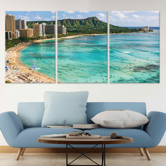Diamond Head mountain view — large canvas wall art with calm sea and palm trees, perfect uplifting artwork for bedroom or office design