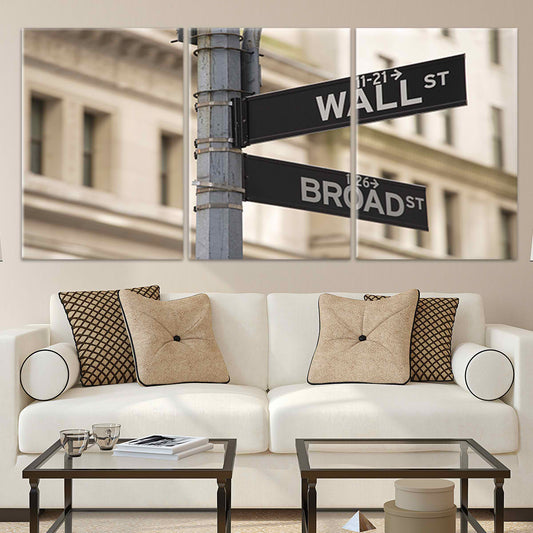 Wall Street and Broad Street signs — large canvas wall art in sleek grayscale tones, inspiring modern décor for a stylish living room.