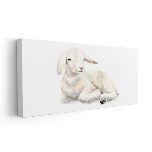 Fluffy baby lamb on white background — large canvas wall art ideal for bedroom décor, adding a serene and minimalist animal theme to the room.